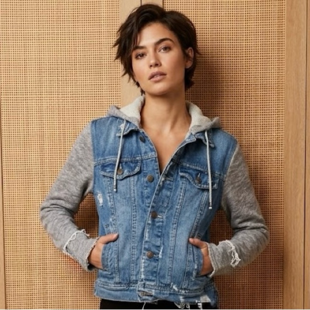 Free People Blue Denim Jacket with Gray Hoodie Sleeves
